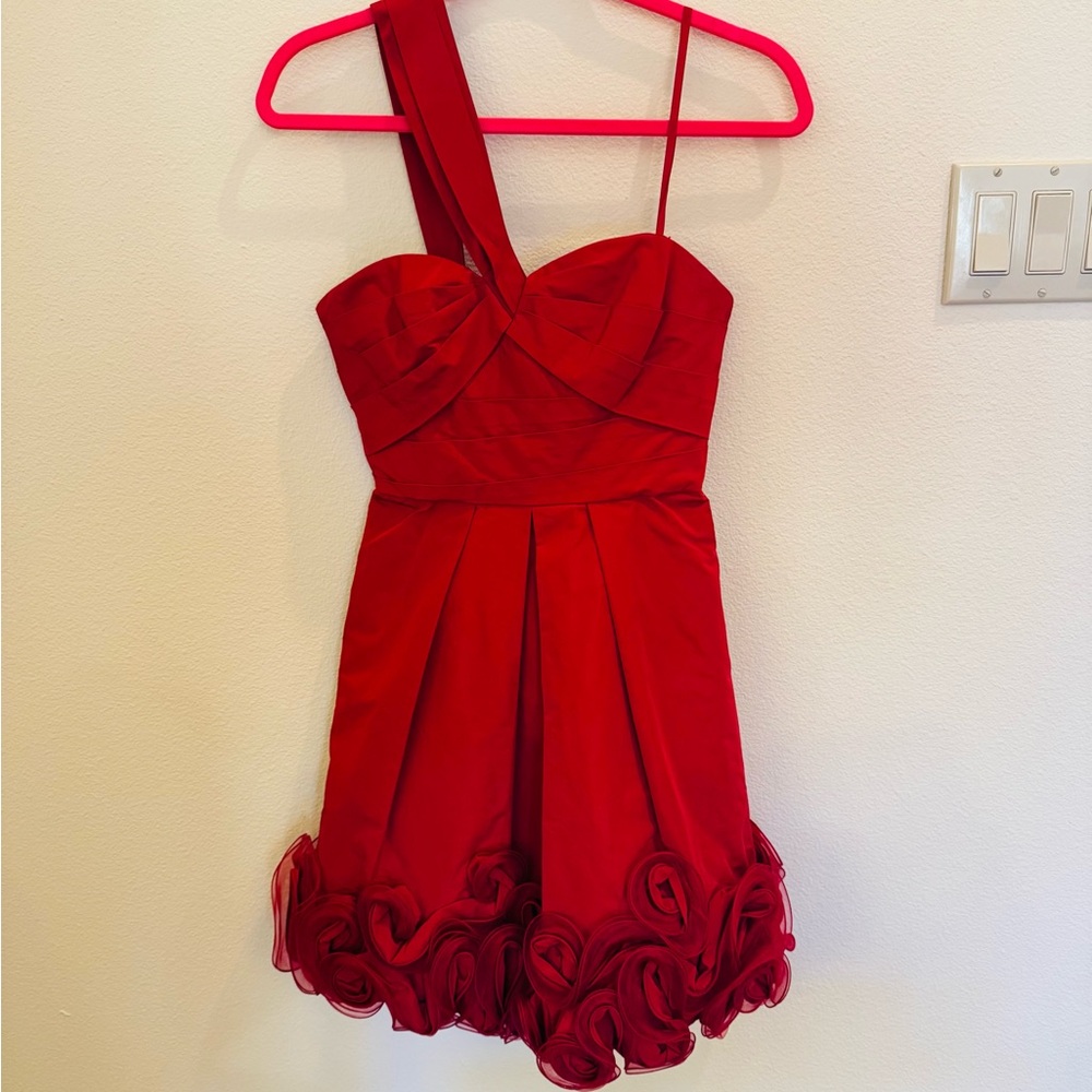 BCBG Max Red One Shoulder Cocktail Dress with Rosette Hem